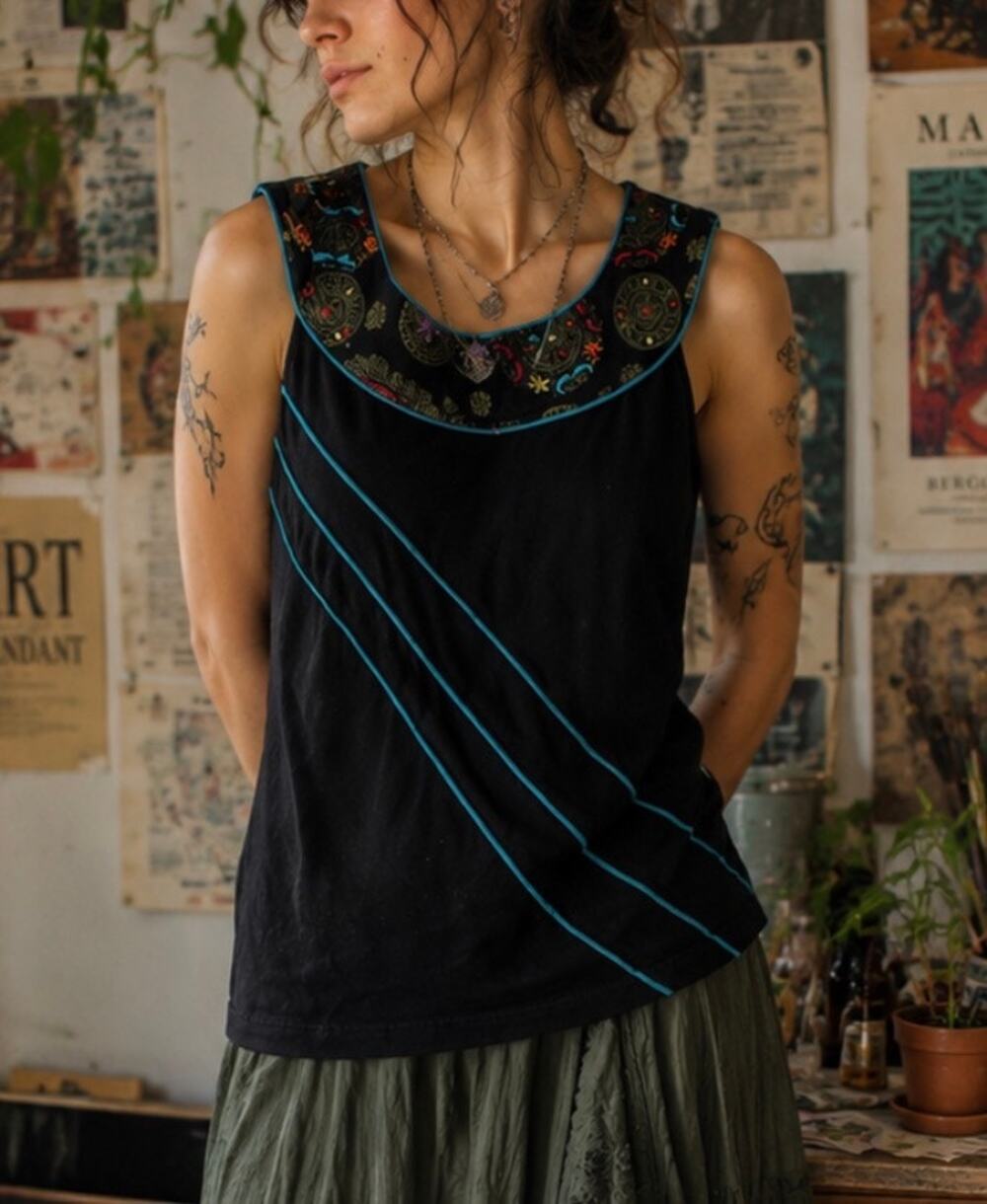 Leopards & Roses Black Sleeveless Embroidered Top